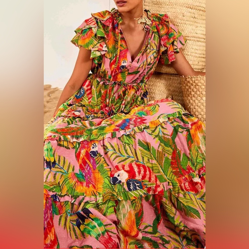 NWOT FARM RIO Mccaw Flutter Sleeve Drawstring Waist Maxi Dress